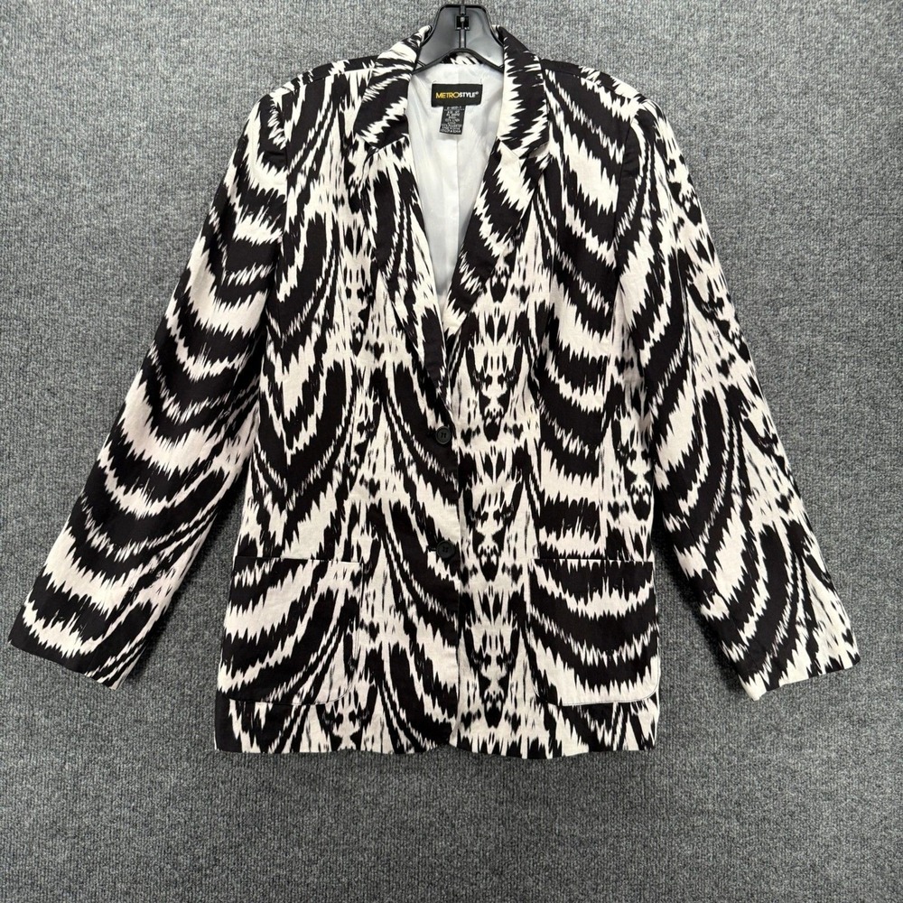 Metrostyle Blazer Jacket Womens 12 Tall Linen Black White Button Up Academia